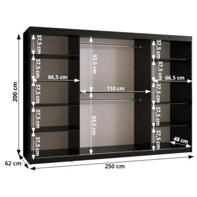 Priestranná šatníková skriňa MAIA 1 - šírka 250 cm, čierna / jaseň