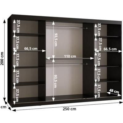 Dizajnová šatníková skriňa so zlatým zrkadlom MADLA 1 - šírka 250 cm, čierna