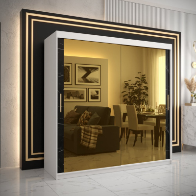 Dizajnová šatníková skriňa so zlatým zrkadlom MADLA 3 - šírka 200 cm, biela / čierna