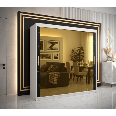 Dizajnová šatníková skriňa so zlatým zrkadlom MADLA 3 - šírka 200 cm, biela / čierna