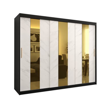 Dizajnová šatníková skriňa so zlatým zrkadlom MADLA 4 - šírka 250 cm, čierna / biela