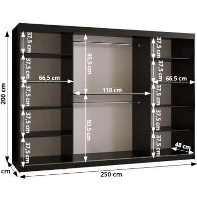 Praktická šatníková skriňa RADOLA 1 - šírka 250 cm, dub artisan / čierna