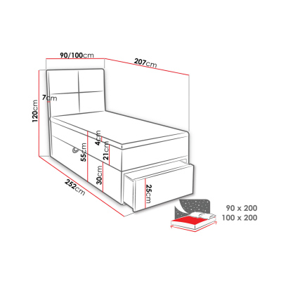 Jednolôžková boxspringová posteľ 90x200 LUGAU - modrá, pravé prevedenie + topper ZDARMA