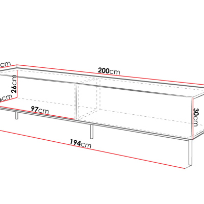 TV stolík TOKA - 200 cm, lesklý biely / zlatý