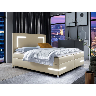 Boxspringová manželská posteľ 140x200 MADENA - béžová ekokoža + topper a LED osvetlenie ZDARMA