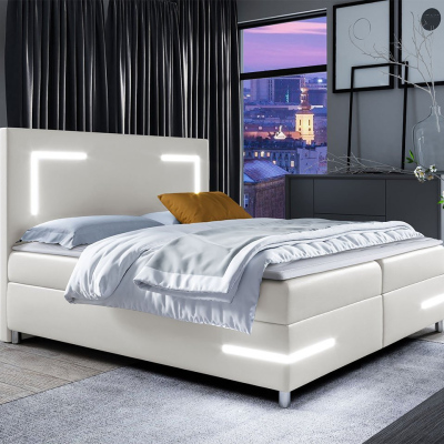 Boxspringová manželská posteľ 140x200 MADENA - biela ekokoža + topper a LED osvetlenie ZDARMA
