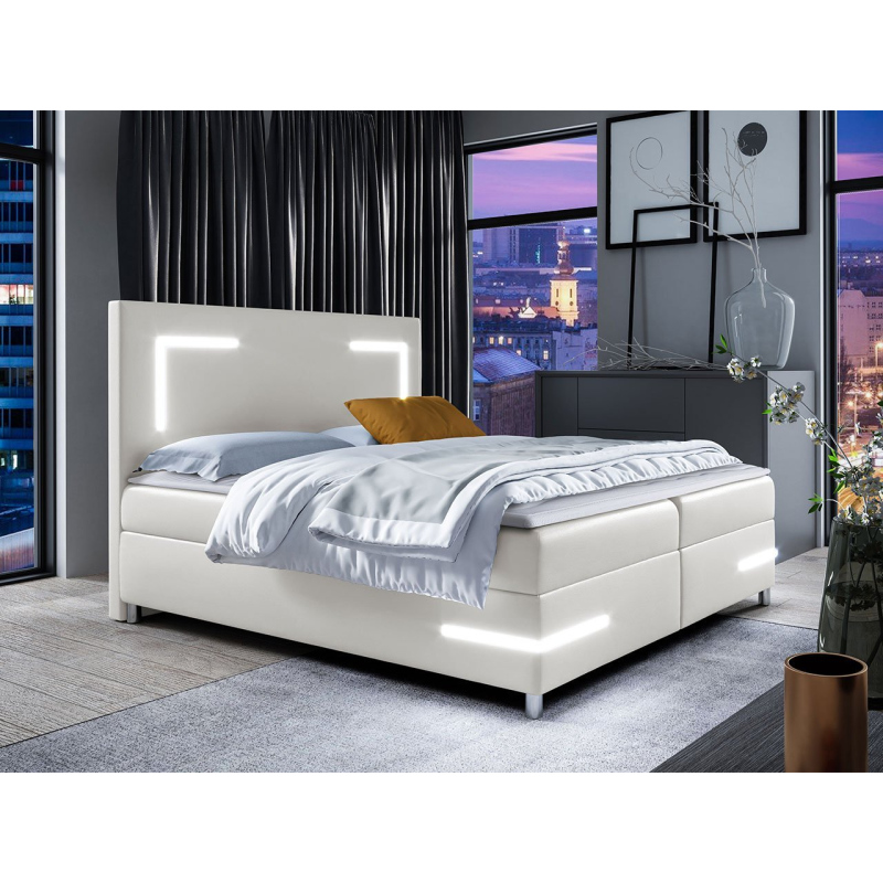 Boxspringová manželská posteľ 140x200 MADENA - biela ekokoža + topper a LED osvetlenie ZDARMA