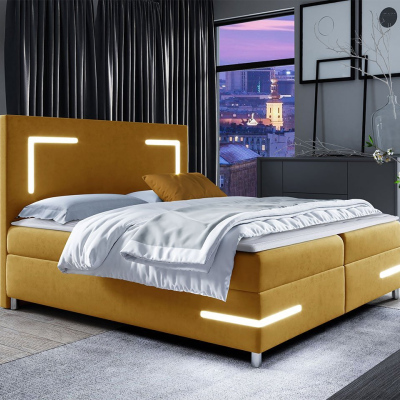 Boxspringová jednolôžková posteľ 120x200 MADENA - žltá + topper a LED osvetlenie ZDARMA