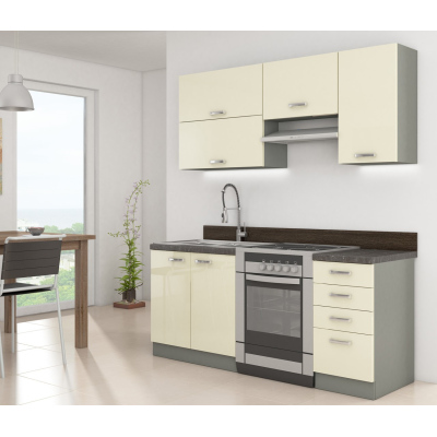 Kuchyňa do paneláku 180/180 cm SHAN 2 - šedá / lesklá krémová + príborník ZDARMA