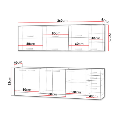 Kuchynská linka 260/260 cm SHAN 4 - šedá / lesklá krémová + LED a pracovná doska ZDARMA