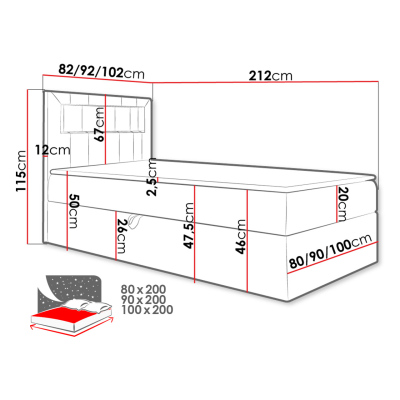 Kontinentálna jednolôžková posteľ 90x200 RAMIRA 1 - biela ekokoža / červená, ľavé prevedenie + topper ZDARMA