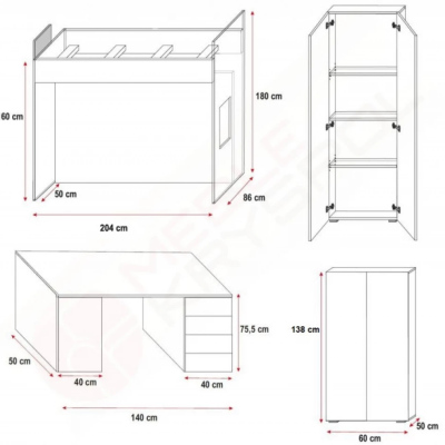 Posteľ s písacím stolom do detskej izby RENI 4 - 80x200, biela