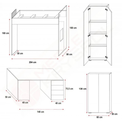 Posteľ s písacím stolom do detskej izby RENI 4 - 80x200, biela / šedá