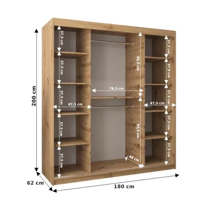 Šatníková skriňa EMA - šírka 180 cm, dub artisan / čierna