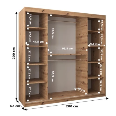 Šatníková skriňa ERIKA - šírka 200 cm, biela / dub sonoma