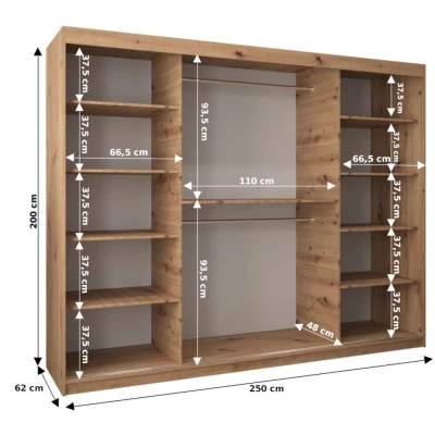 Šatníková skriňa ESTER - šírka 250 cm, dub artisan / čierna