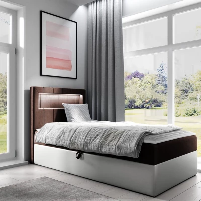 Kontinentálna jednolôžková posteľ 90x200 RAMIRA 1 - biela ekokoža / hnedá 1, pravé prevedenie + topper ZDARMA
