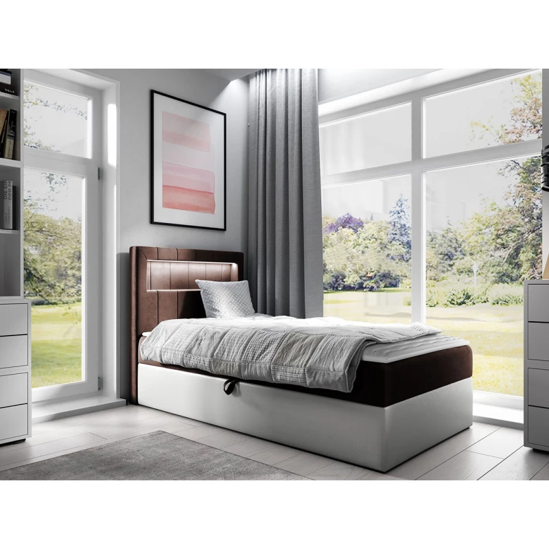 Kontinentálna jednolôžková posteľ 90x200 RAMIRA 1 - biela ekokoža / hnedá 1, pravé prevedenie + topper ZDARMA