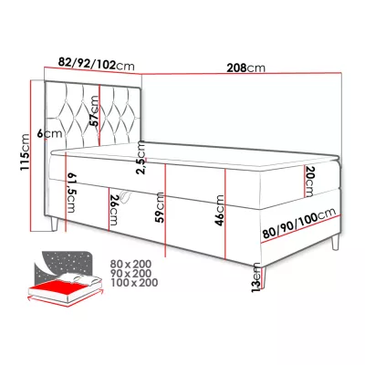 Boxspringová jednolôžková posteľ 90x200 PORFIRO 1 - biela ekokoža / červená, pravé prevedenie + topper ZDARMA