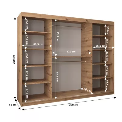 Skriňa so zrkadlami VIVIEN - šírka 250 cm, dub sonoma