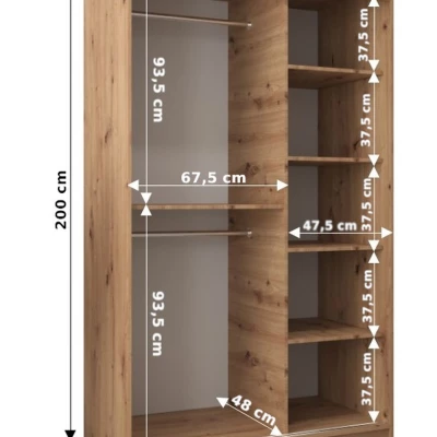 Šatníková skriňa so zrkadlom KIRA - šírka 120 cm, dub sonoma