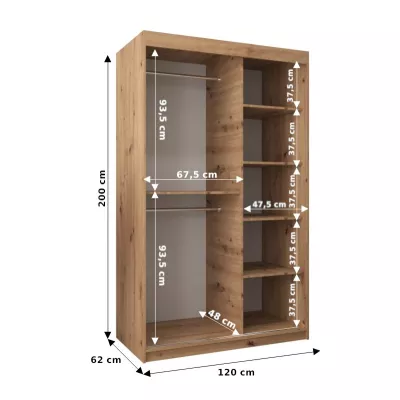 Šatníková skriňa so zrkadlami DARINA - šírka 120 cm, dub artisan / čierna