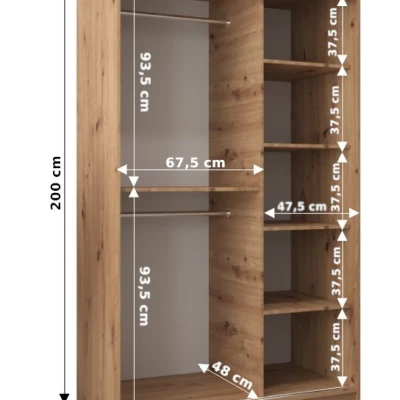 Šatníková skriňa so zrkadlami MARIE - šírka 120 cm, biela / dub sonoma