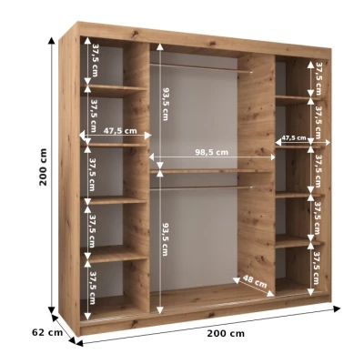 Šatníková skriňa DENISA - šírka 200 cm, dub artisan / čierna