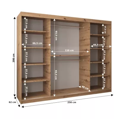 Skriňa s posuvnými dverami LILY - šírka 250 cm, biela / dub sonoma