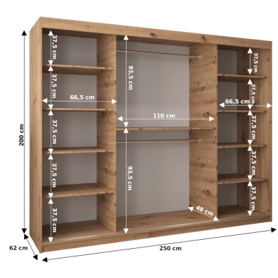 Šatníková skriňa ROZALIE - šírka 250 cm, dub sonoma / biela