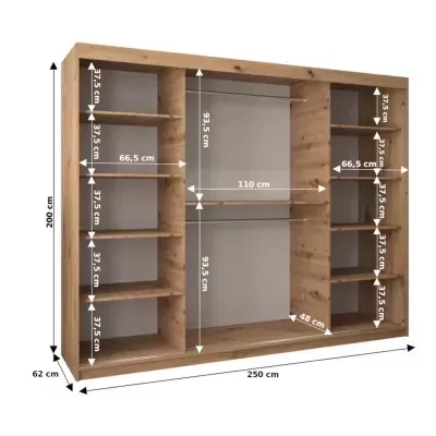 Šatníková skriňa so zrkadlom ANNA - šírka 250 cm, dub sonoma