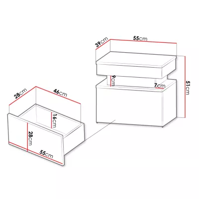 Nočný stolík s LED osvetlením USOA - lesklý čierny / matný čierny 