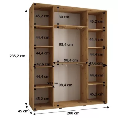 Šatníková skriňa ASIRI 7 - 200/45 cm, čierna / biela / strieborná