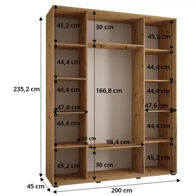 Šatníková skriňa ASIRI 3 - 200/45 cm, biela / čierna / zlatá