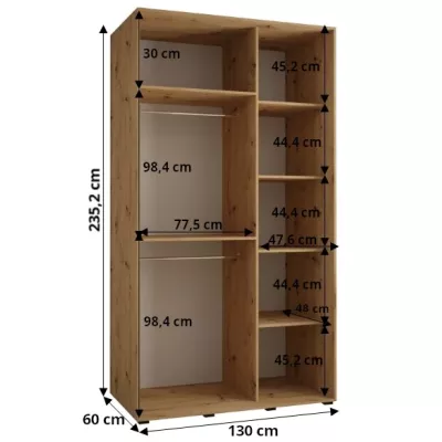 Šatníková skriňa ASIRI 8 - 130/60 cm, biela / dub artisan / strieborná