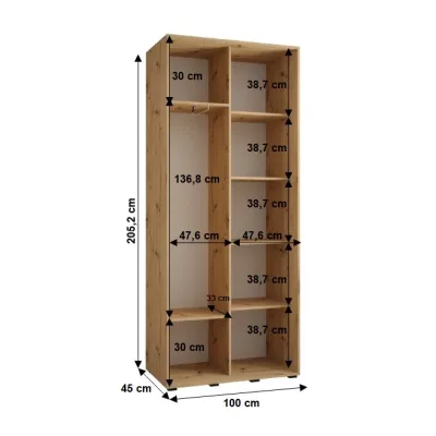 Šatníková skriňa YVONA 1 - 100/45 cm, dub artisan / biela / strieborná