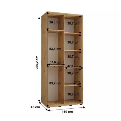 Šatníková skriňa YVONA 2 - 110/45 cm, dub artisan / strieborná