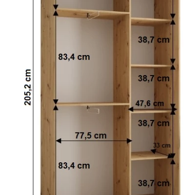 Šatníková skriňa YVONA 1 - 130/45 cm, dub artisan / čierna / strieborná