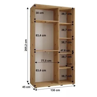 Šatníková skriňa YVONA 1 - 130/45 cm, dub artisan / čierna / strieborná