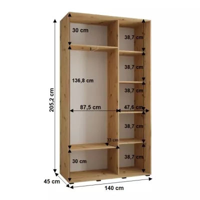 Šatníková skriňa YVONA 1 - 140/45 cm, dub artisan / strieborná