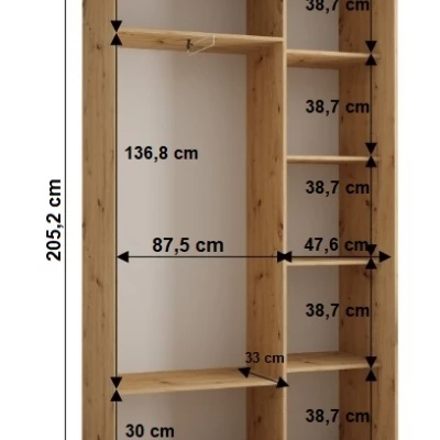 Šatníková skriňa YVONA 1 - 140/45 cm, čierna / dub artisan / strieborná