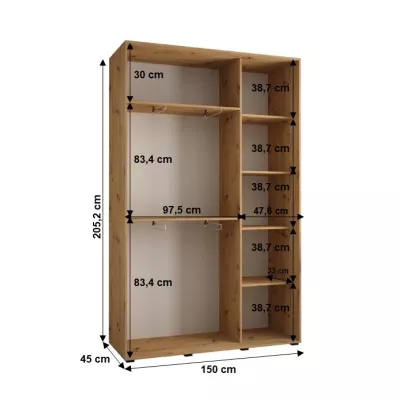 Šatníková skriňa YVONA 1 - 150/45 cm, dub artisan / čierna / strieborná