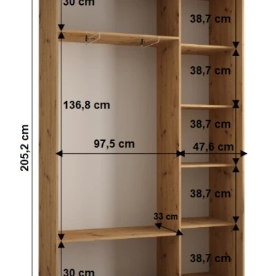 Šatníková skriňa YVONA 1 - 150/45 cm, dub artisan / čierna / strieborná