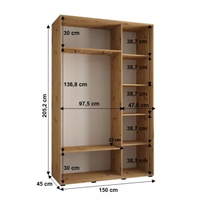 Šatníková skriňa YVONA 1 - 150/45 cm, čierna / zlatá