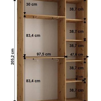 Šatníková skriňa YVONA 1 - 150/45 cm, biela / dub artisan / strieborná