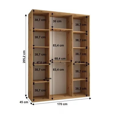 Šatníková skriňa YVONA 1 - 170/45 cm, dub artisan / strieborná