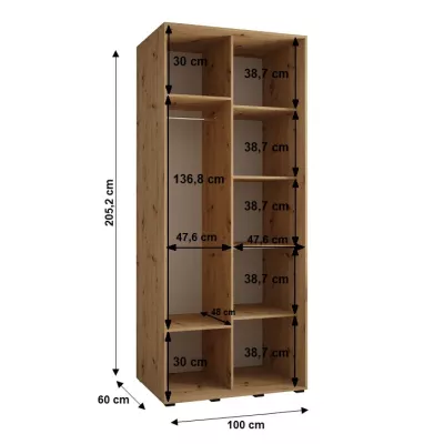 Šatníková skriňa YVONA 1 - 100/60 cm, biela / čierna / strieborná