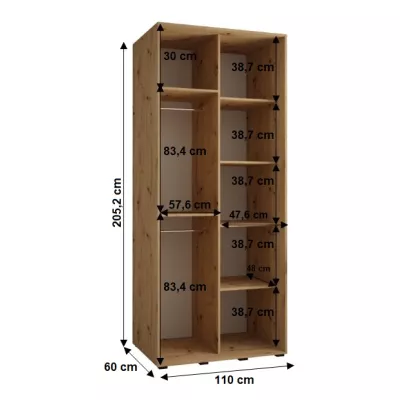 Šatníková skriňa YVONA 1 - 110/60 cm, dub artisan / čierna / strieborná