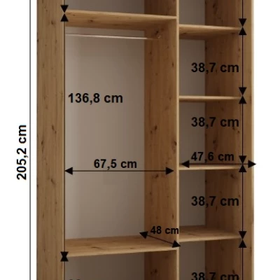 Šatníková skriňa YVONA 1 - 140/60 cm, dub artisan / čierna / strieborná