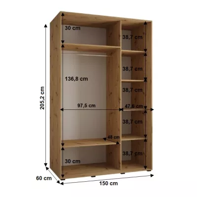 Šatníková skriňa YVONA 1 - 150/60 cm, dub artisan / strieborná